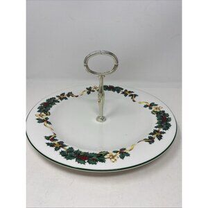 Royal Vale Christmas Holly Stars & Ribbons Handled Serving Tidbit Cookie Plate